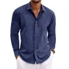 【24-hour shipping out】Men's Casual Solid Color Cotton Linen Lapel Slim Fit Long Sleeve Shirt 01703150M sold by Manly