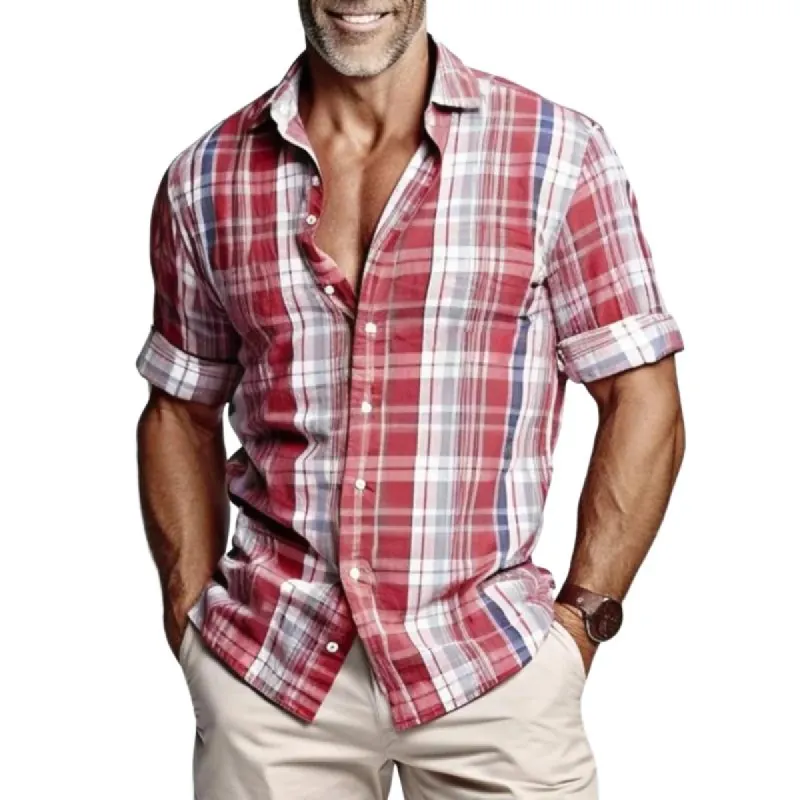 Men's Casual Plaid Lapel Long Sleeve Shirt 09547526TO sold by Manly