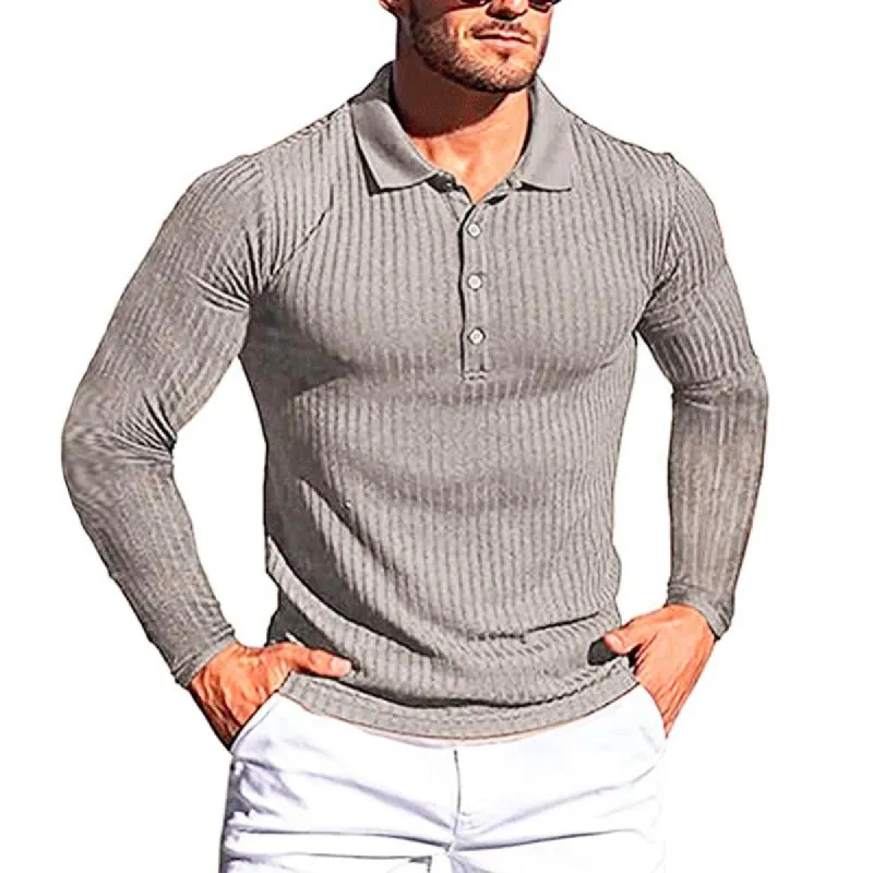 Men's High Elastic Vertical Striped Long-sleeved Slim-fit Knitted POLO Bottoming Shirt 88235560X sold by Manly