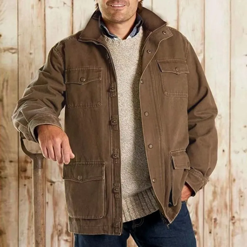 Men's Vintage Stand Collar Solid Color Multi-Pocket Cargo Jacket 62834591Y sold by Manly product image thumbnail 2