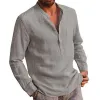Men's Casual Cotton Linen Solid Color Henley Collar Long Sleeve Shirt 47322819M sold by Manly