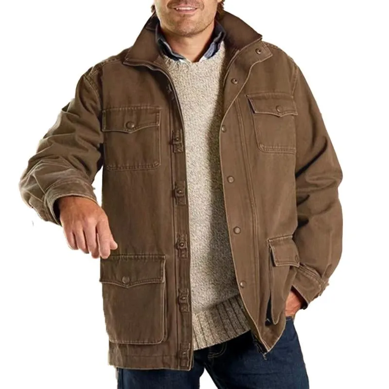 Men's Vintage Stand Collar Solid Color Multi-Pocket Cargo Jacket 62834591Y sold by Manly