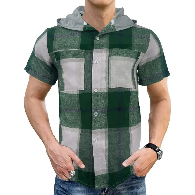 Men's Casual Plaid Short Sleeve Hoodie 49836086X sold by Manly