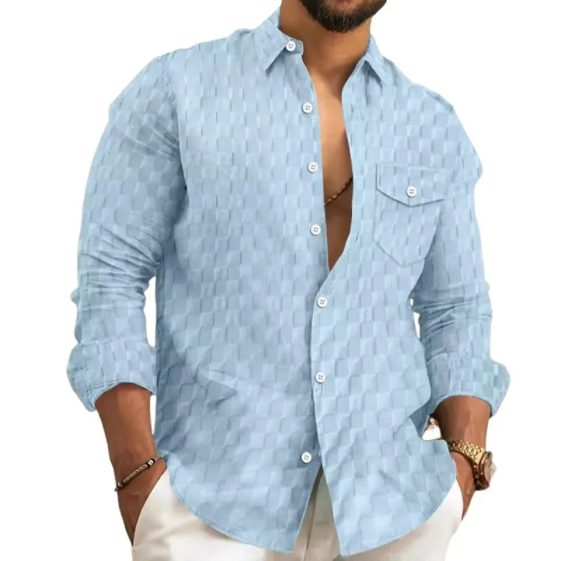 Men's Solid Plaid Chest Pocket Lapel Long Sleeve Shirt 10101676Y sold by Manly