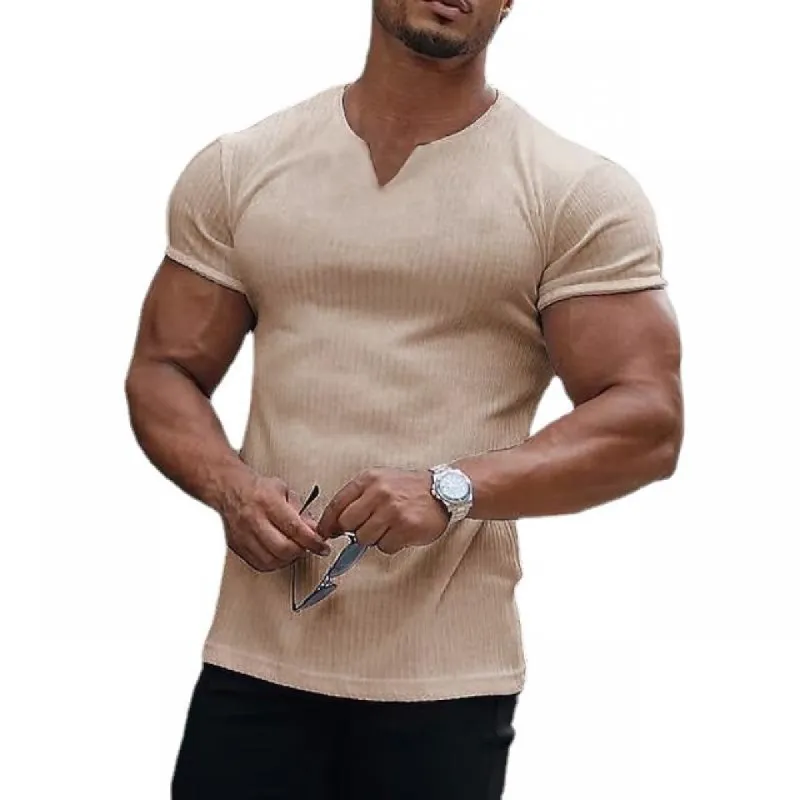 Men's V Neck Solid Striped Short Sleeve T-shirt 12407631Z sold by Manly