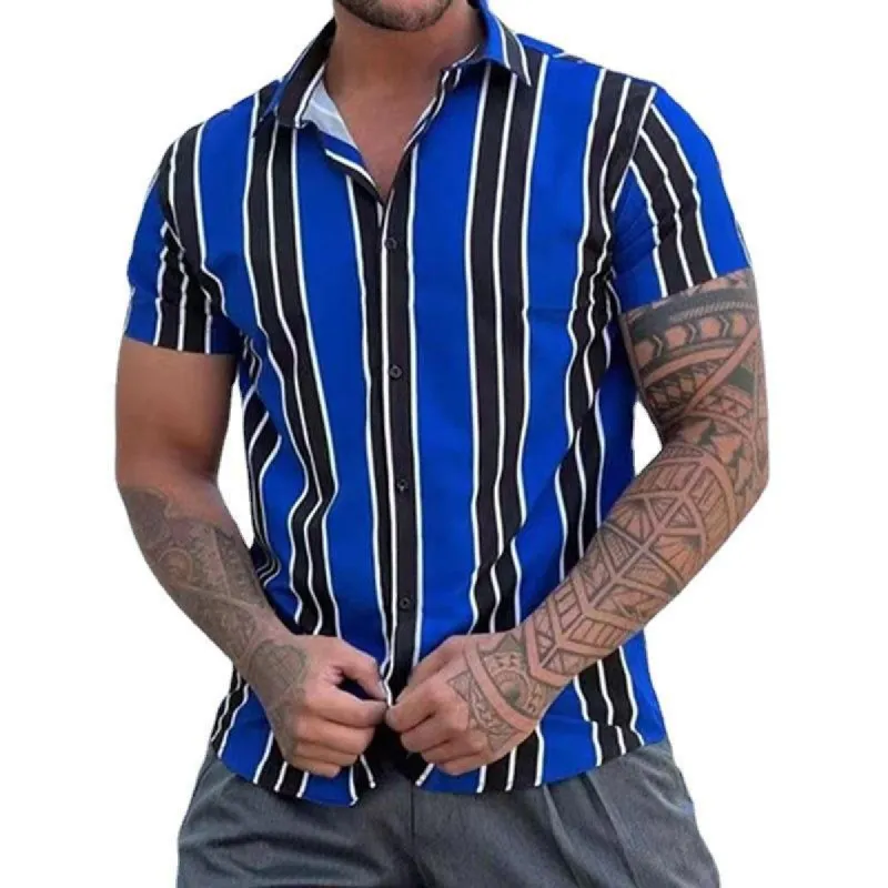Men's Striped Lapel Short Sleeve Beach Shirt 12894670Z sold by Manly