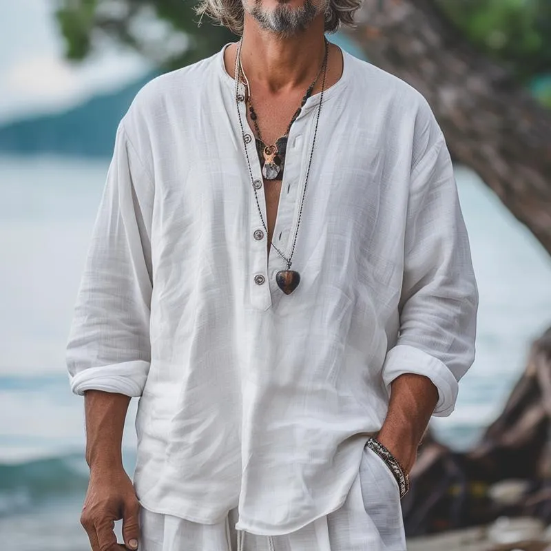 Men's Solid Color Loose Henley Collar Long Sleeve Shirt 72985428Z sold by Manly product image thumbnail 2