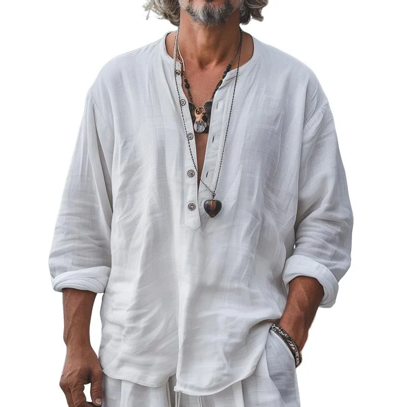 Men's Solid Color Loose Henley Collar Long Sleeve Shirt 72985428Z sold by Manly