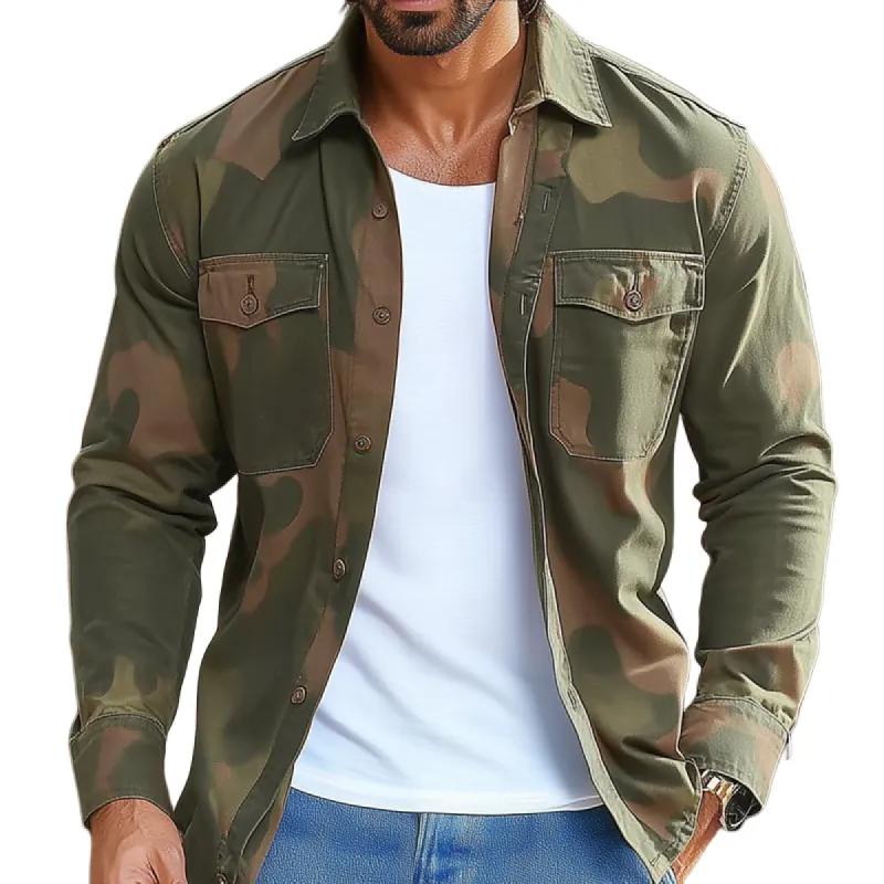 Men's Camouflage Lapel Chest Pocket Long Sleeve Cargo Shirt 47832484Z sold by Manly