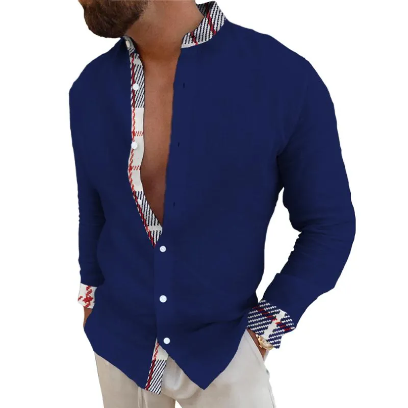 Men's Casual Plaid Color Block Stand Collar Long Sleeve Shirt 24623953TO sold by Manly