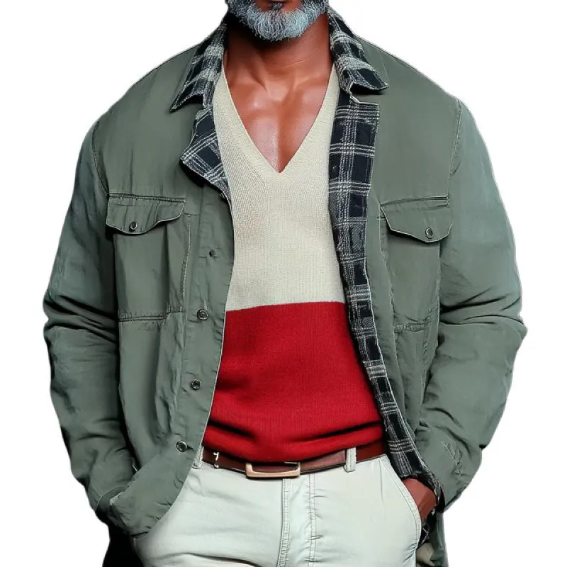 Men's Retro Checked Stitching Lapel Chest Pocket Single Breasted Casual Jacket 69321772Z sold by Manly