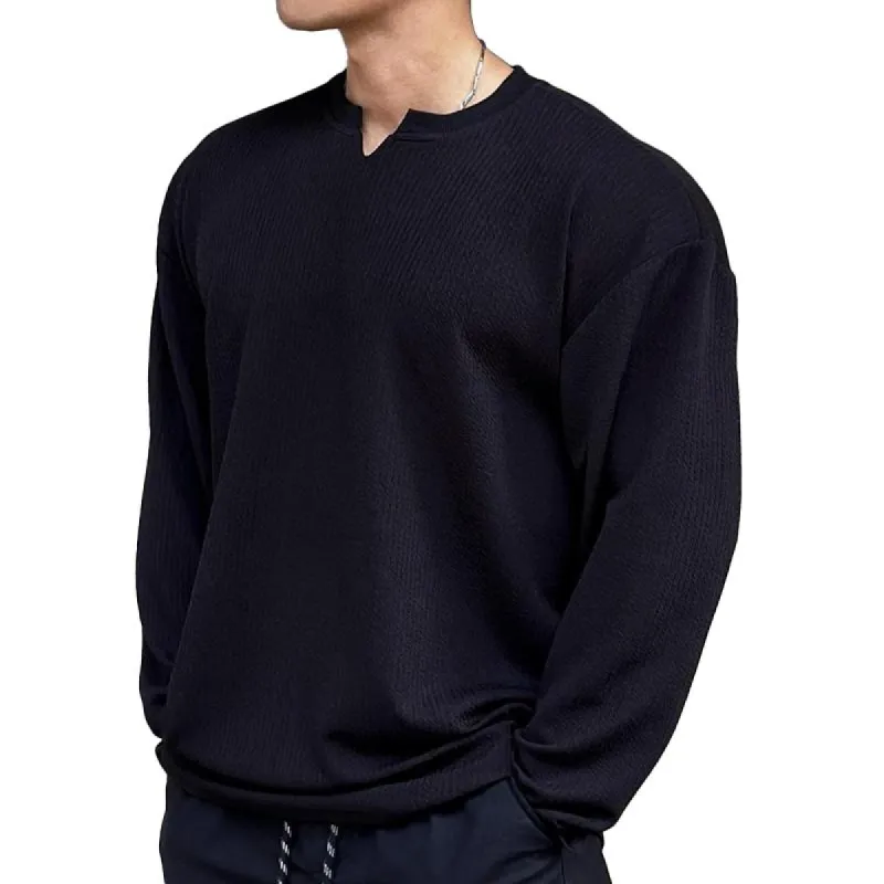 Men's Solid Color Loose V Neck Long Sleeve T-shirt 03317528Z sold by Manly