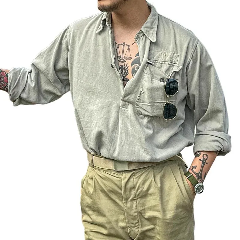 Men's Retro Casual Solid Color Lapel Washed Long Sleeve Shirt 23722020TO sold by Manly