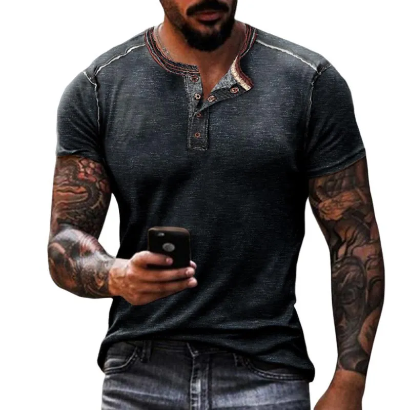 Men's Vintage Print Short Sleeve Henley Neck T-Shirt 92715536X sold by Manly