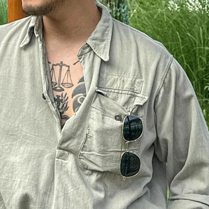 Men's Retro Casual Solid Color Lapel Washed Long Sleeve Shirt 23722020TO sold by Manly product image thumbnail 3