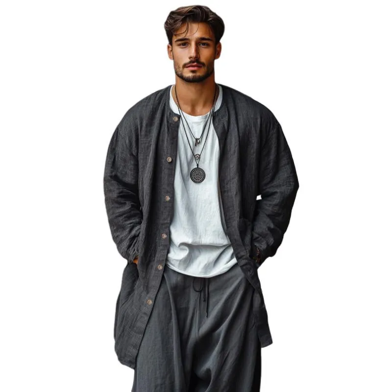 Men's Casual Cotton Linen Round Neck Single-breasted Loose Long Trench Coat 40645343M sold by Manly