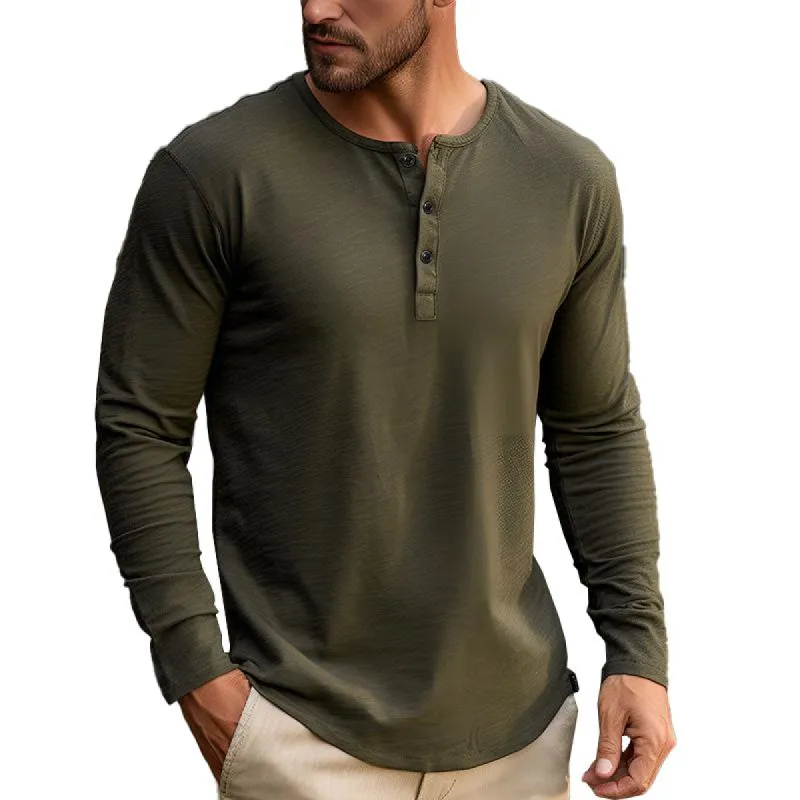 Men's Solid Color Henley Collar Casual Long Sleeve T-Shirt 76570084X sold by Manly
