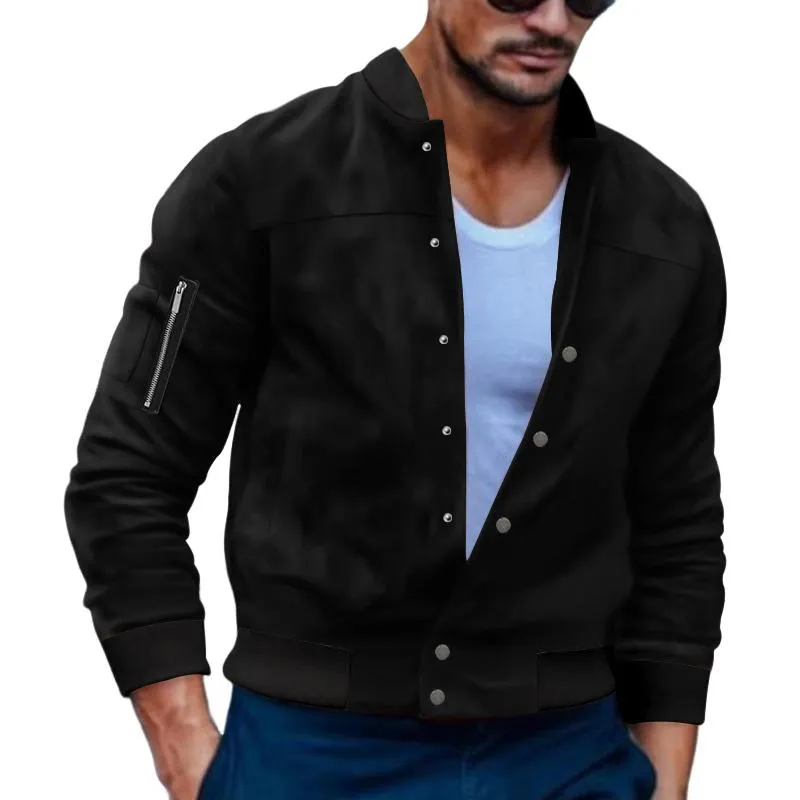 Men's Casual Vintage Suede Stand Collar Button Jacket 34696580TO sold by Manly