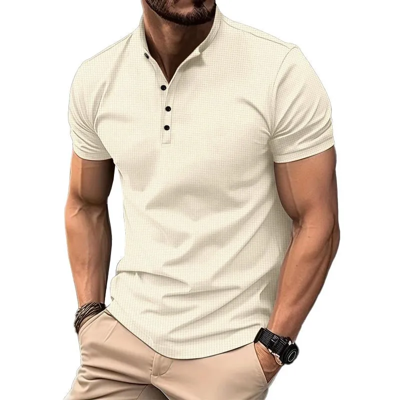 Men's Casual Solid Color Waffle Stand Collar Short Sleeve Polo Shirt 44107024M sold by Manly
