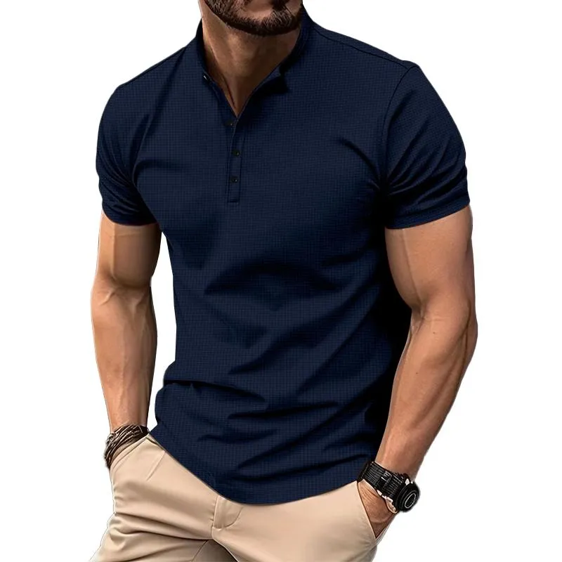 Men's Casual Solid Color Waffle Stand Collar Short Sleeve Polo Shirt 44107024M sold by Manly product image thumbnail 3