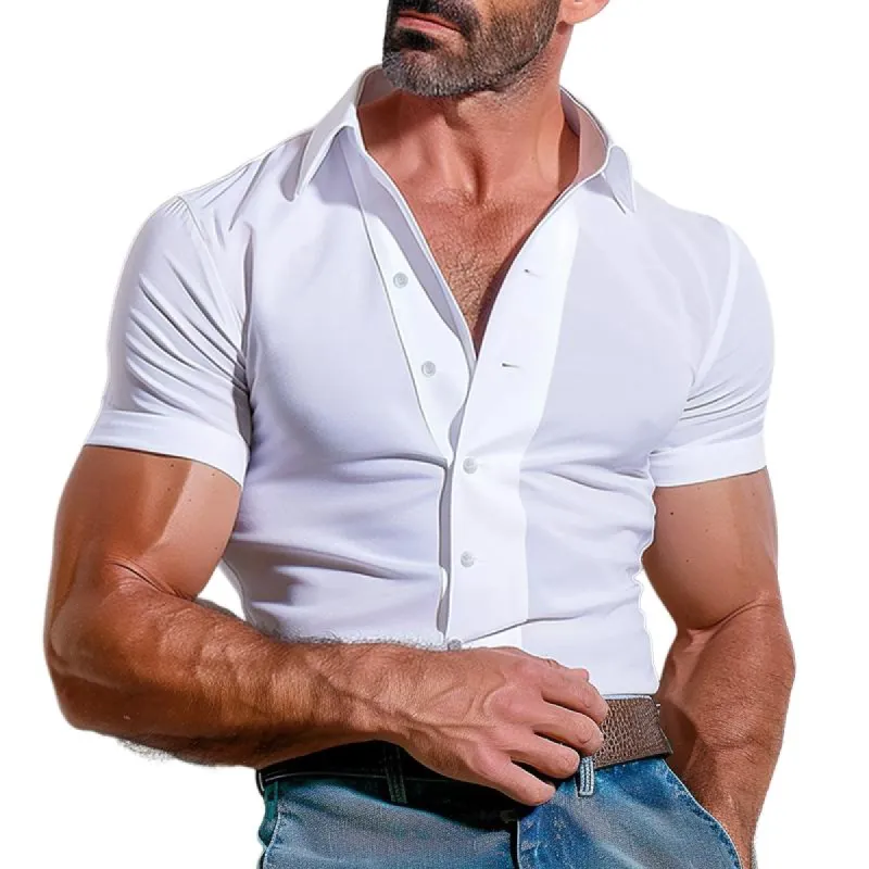 Men's Solid Lapel Short Sleeve Shirt 29932912Z sold by Manly