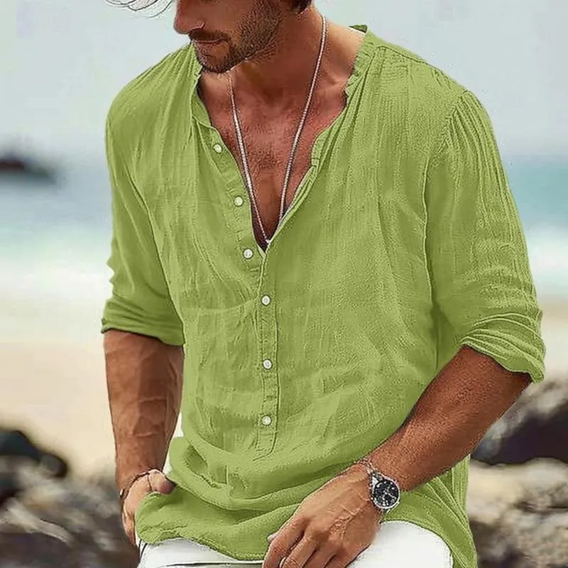 Men's Casual Cotton Linen Stand Collar Button Long Sleeve Pullover Shirt 64540459M sold by Manly product image thumbnail 4