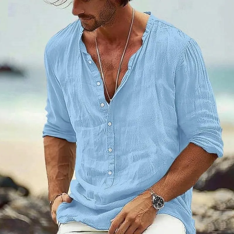 Men's Casual Cotton Linen Stand Collar Button Long Sleeve Pullover Shirt 64540459M sold by Manly product image thumbnail 2