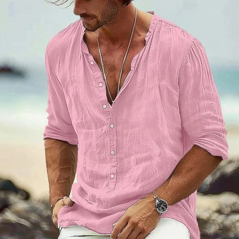 Men's Casual Cotton Linen Stand Collar Button Long Sleeve Pullover Shirt 64540459M sold by Manly product image thumbnail 5