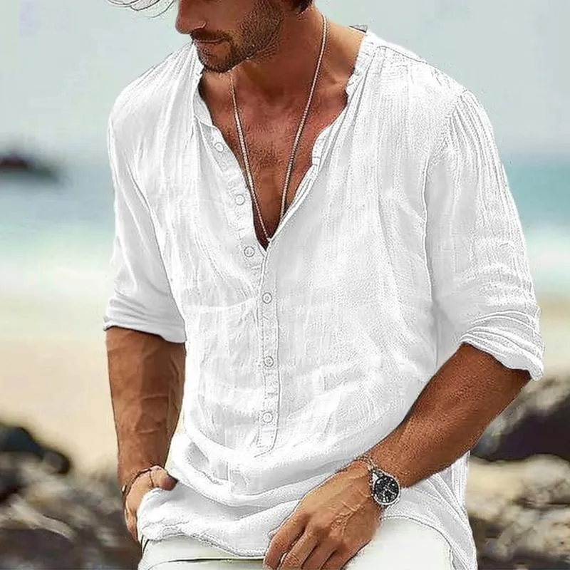 Men's Casual Cotton Linen Stand Collar Button Long Sleeve Pullover Shirt 64540459M sold by Manly product image thumbnail 3