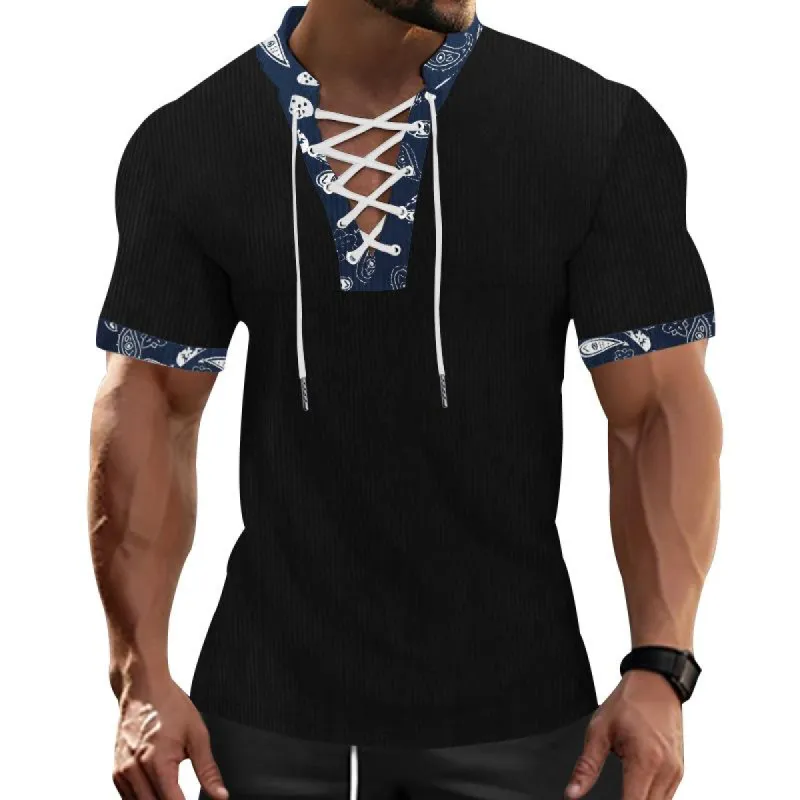 Men's Casual Color Block Slim Fit V-Neck Lace-Up Short-Sleeved T-Shirt 77648055M sold by Manly