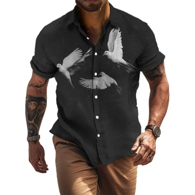 Men's Casual Retro Peace Dove Lapel Short Sleeve Shirt 12508681TO sold by Manly