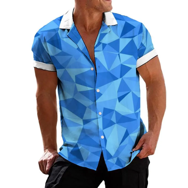 Men's Casual Geometric Color Block Lapel Short Sleeve Shirt 91095248TO sold by Manly