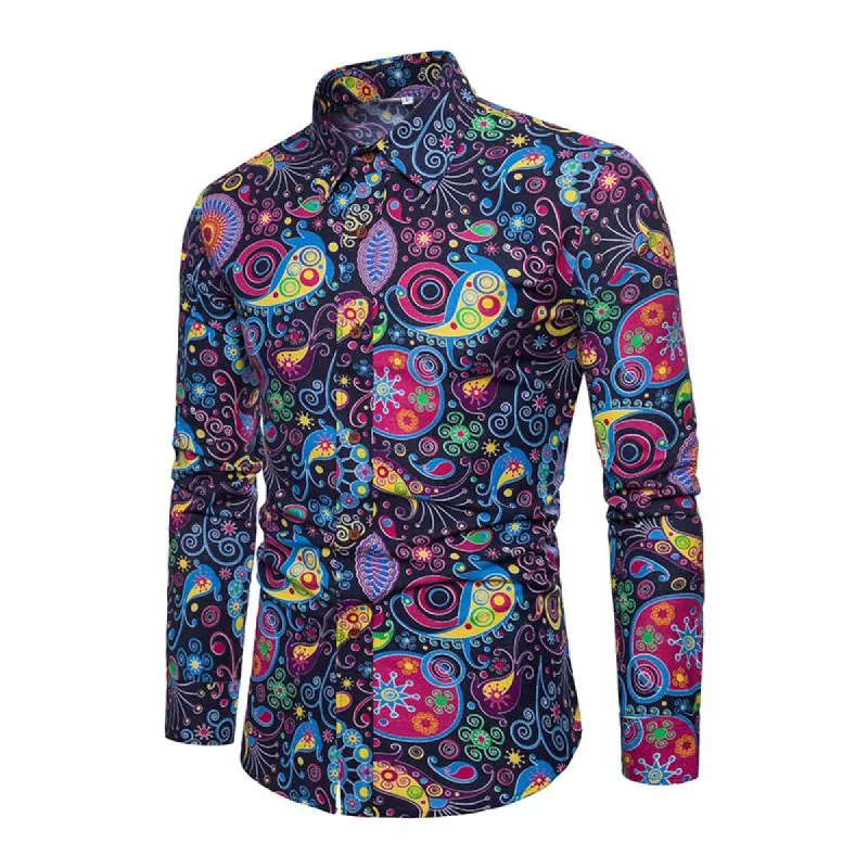 Men's Vintage Paisley Print Lapel Button Long Sleeve Shirt 34499641M sold by Manly