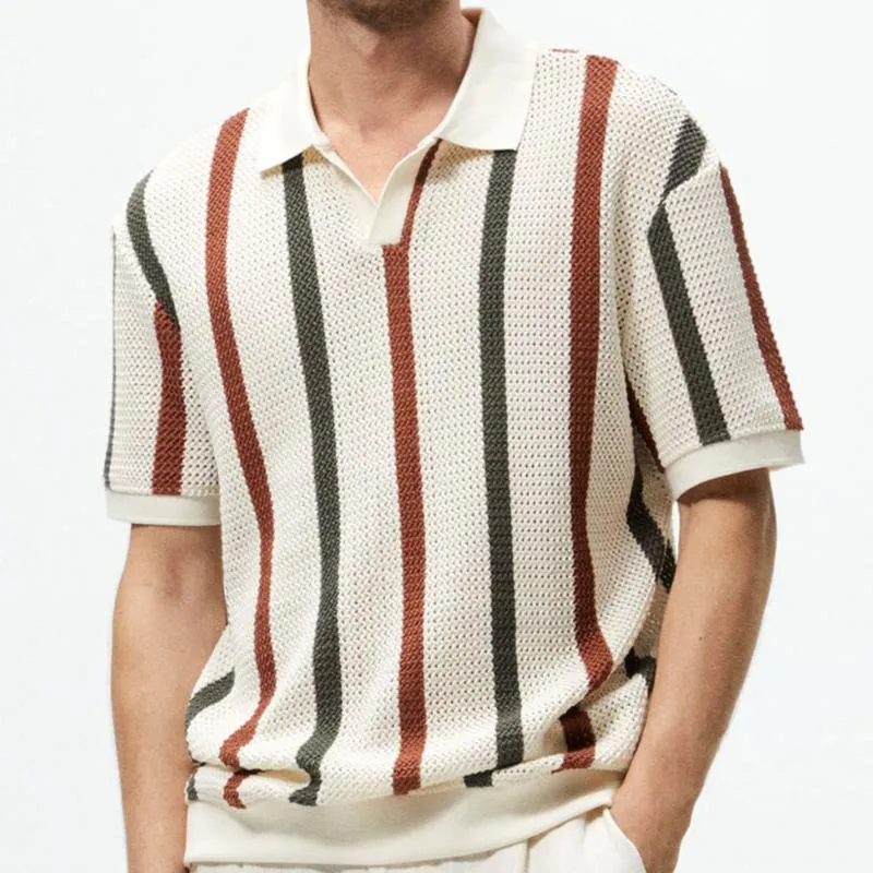 Men's Casual Contrast Color Striped Hollow Knitted Polo Shirt 14410014M sold by Manly product image thumbnail 3