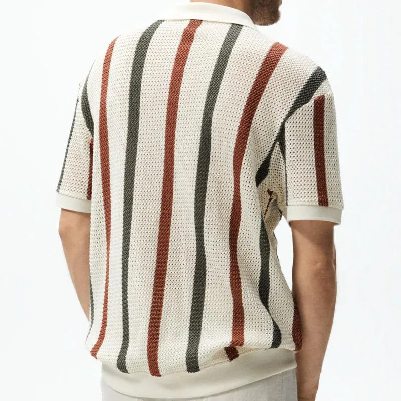Men's Casual Contrast Color Striped Hollow Knitted Polo Shirt 14410014M sold by Manly product image thumbnail 5