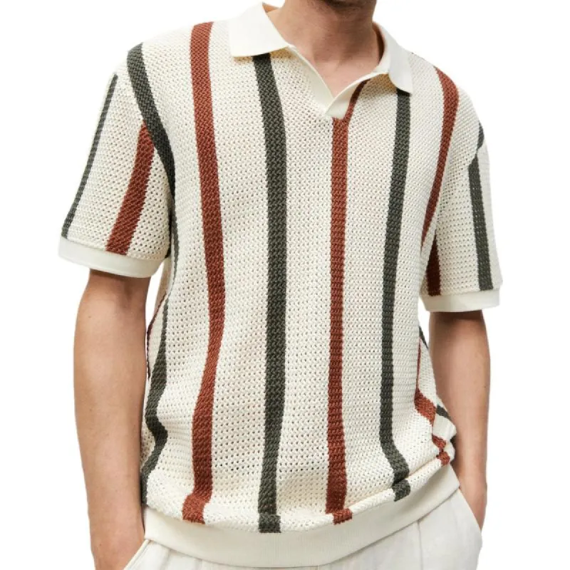 Men's Casual Contrast Color Striped Hollow Knitted Polo Shirt 14410014M sold by Manly