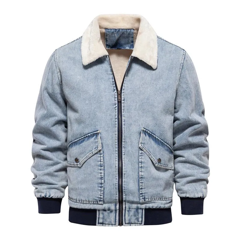 Men's Vintage Fleece Warm Lapel Single Breasted Denim Jacket 56398504M sold by Manly