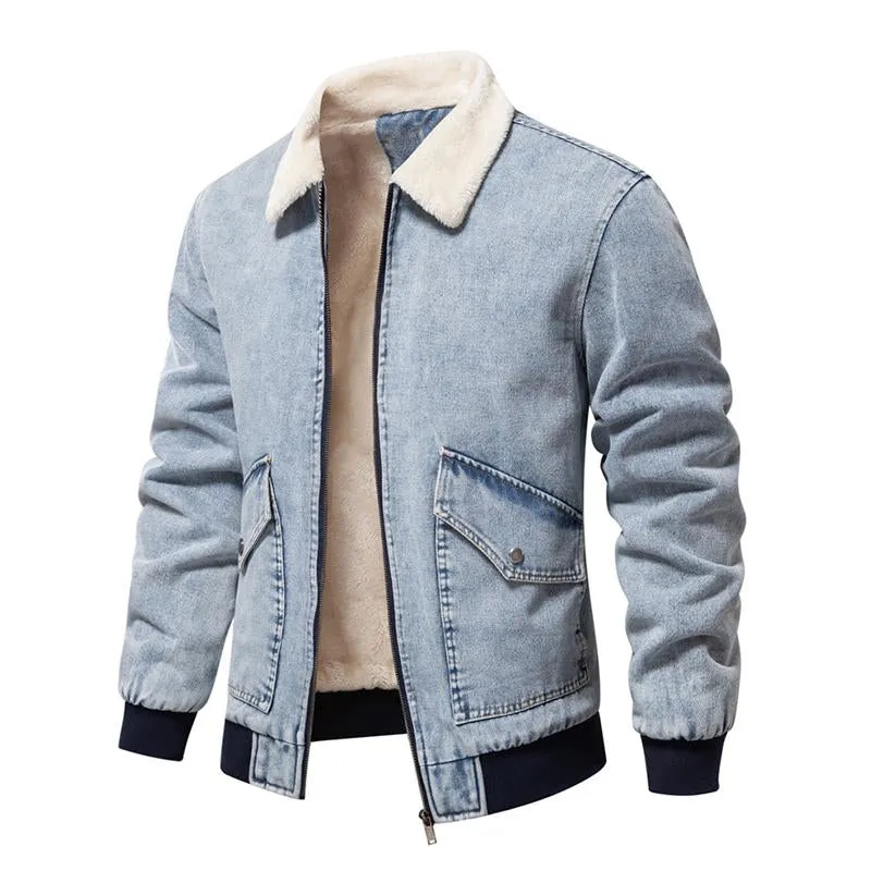 Men's Vintage Fleece Warm Lapel Single Breasted Denim Jacket 56398504M sold by Manly product image thumbnail 2