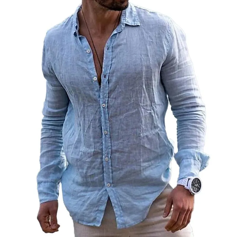 Men's Casual Solid Color Lapel Cotton Linen Long Sleeve Shirt 47372567Y sold by Manly