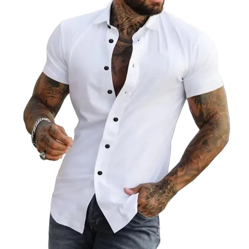 【24-hour shipping out】Men's Solid Lapel Short Sleeve Sports Fitness Shirt 23811118Z sold by Manly