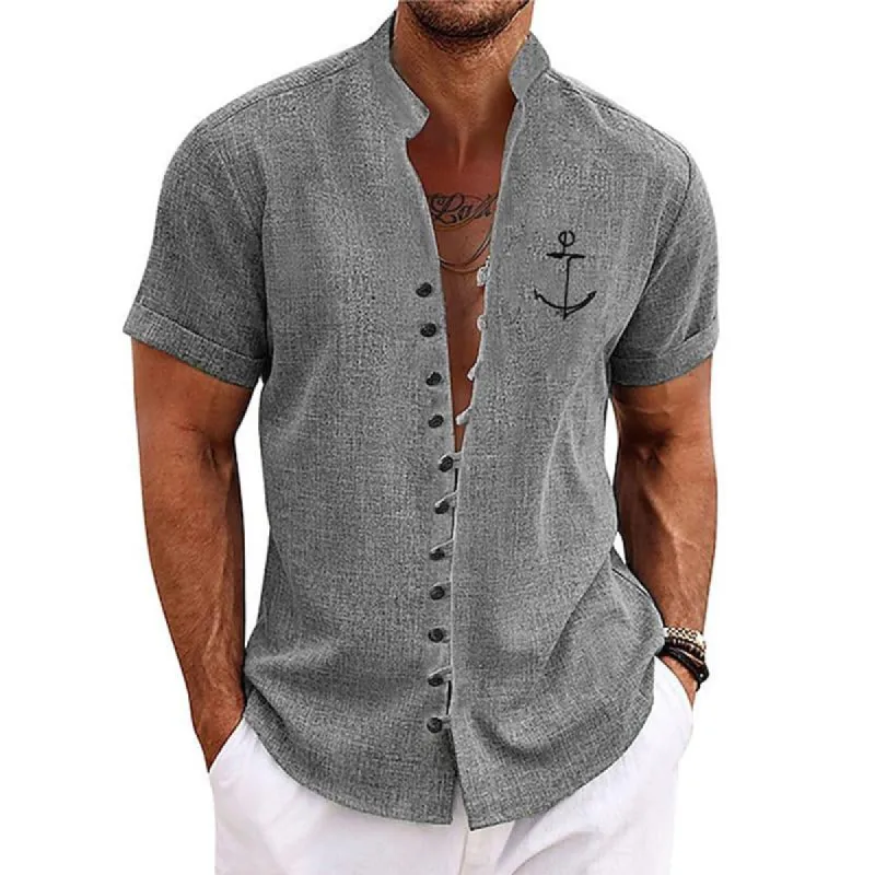 Men's Casual Stand Collar Linen Printed Short Sleeve Shirt 87651630M sold by Manly