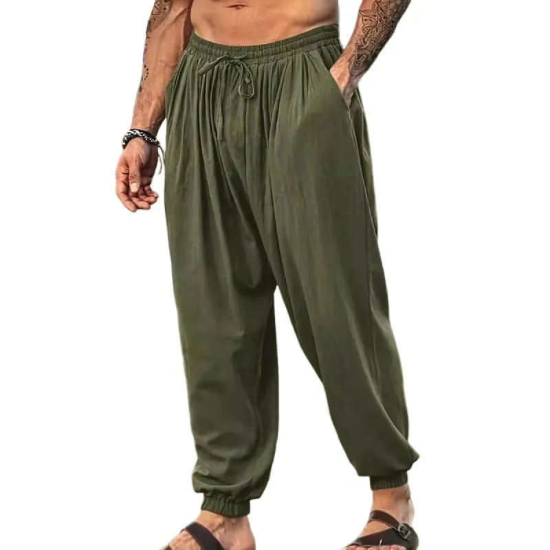 Men's Casual Solid Color Loose Cotton Linen Elastic Waist Harem Pants 79507009M sold by Manly
