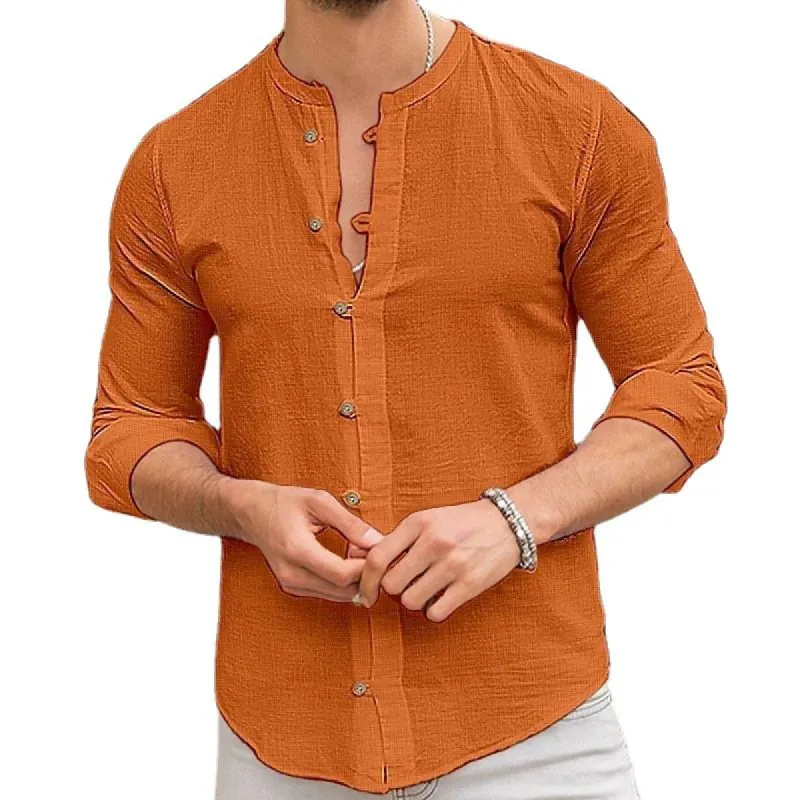 Men's Solid Color Stand Collar Button Cotton Linen New Long Sleeve Shirt 16959135X sold by Manly