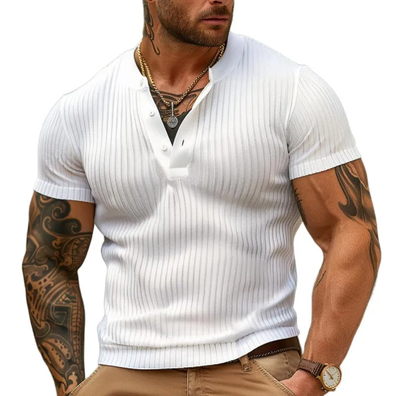 Men's Fashion Solid Striped Henley Collar Short Sleeve T-shirt 69387878Z sold by Manly
