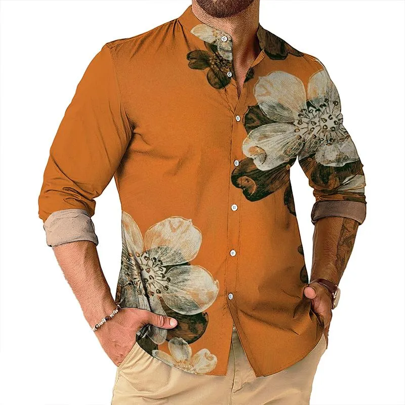 Men's Vintage Floral Stand Collar Long Sleeve Shirt 40741739TO sold by Manly