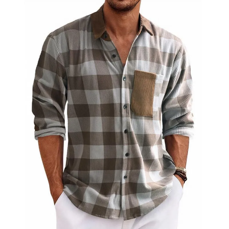 Men's Retro Corduroy Plaid Contrast Color Long Sleeve Shirt 26717312X sold by Manly