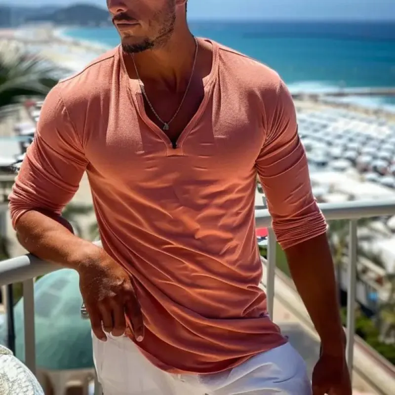 Men's Casual Solid Color V-Neck Slim Fit Long Sleeve T-Shirt 50225506Y sold by Manly product image thumbnail 3