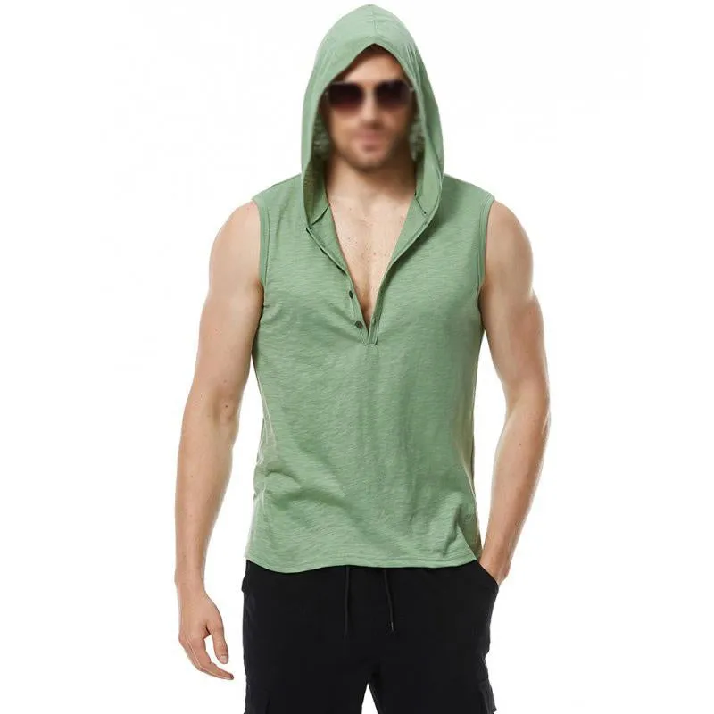 Men's Casual Solid Color V Neck Hooded Sleeveless Tank Top 03939558M sold by Manly