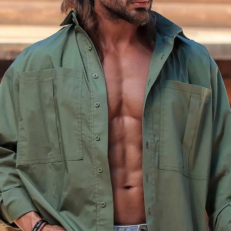 Men's Solid Color Lapel Chest Pocket Long Sleeve Casual Shirt 52728462Z sold by Manly product image thumbnail 4