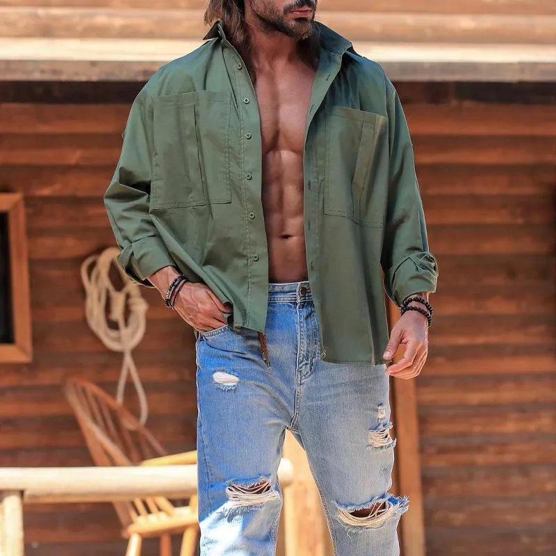 Men's Solid Color Lapel Chest Pocket Long Sleeve Casual Shirt 52728462Z sold by Manly product image thumbnail 3